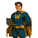 Bronson, defender of the .NET realm, in cape and W-emblazoned chest plate, laptop in hand